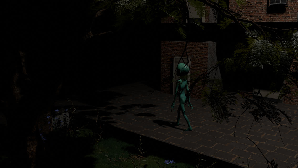 Frame from the Ketambo Films 3D animation short film — a figure crossing a courtyard at night